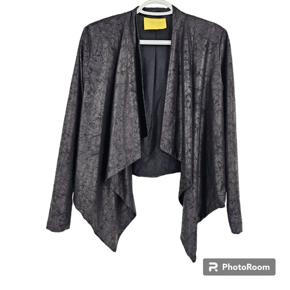 Aaron Ashe Cardigan Black Faux Leather Open Front Waterfall Long Sleeve Size‎ XS